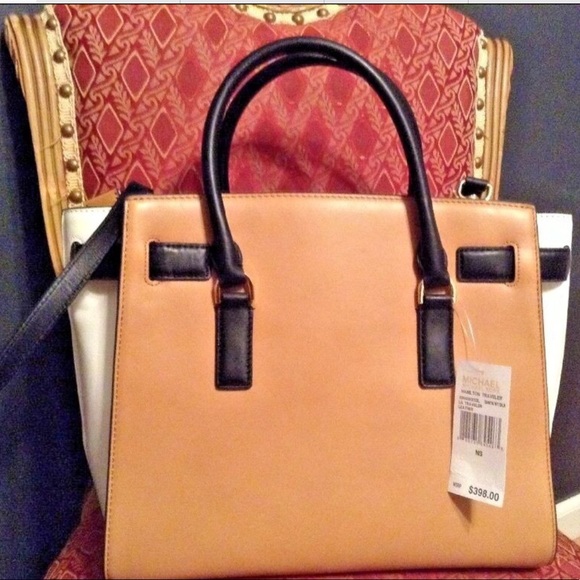 Michael Kors Hamilton Satchel Handbag Shoulder Bag Tri-Color Tan/White/Black - Picture 7 of 12